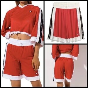 Champion Red Mesh Side Zippers White Waist Logo Oversized Basketball Shorts